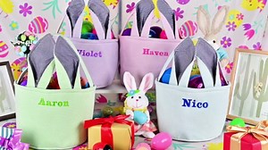 Touber Personalized Easter Basket, Easter Bunny Basket with Ears Custom Easter Basket with Name Easter Basket Bags for Kids Easter Eggs Hunt Baskets Easter Basket for Boys Girls - Pink