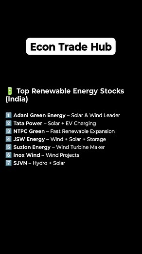 Check out India’s top renewable energy stocks—solar, wind, hydro, and more! Perfect list for green investing trends. Save & share for future investment ideas! . . #RenewableEnergy #GreenStocks #StockMarketIndia #SustainableIndia #SolarPower #WindEnergy #AdaniGreen #TataPower #JSWEnergy #NTPCGreen #Suzlon #InoxWind #SJVN | Econ Trade Hub
