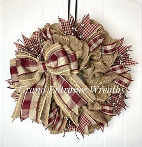 Burlap Wreath: Rustic Farmhouse Decor With Burgundy Check Ribbon - Etsy