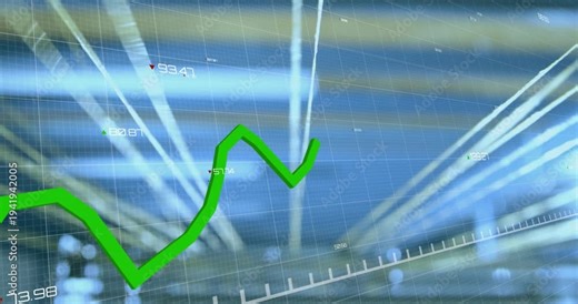 Green line entering on data feed, drawing jagged chart over blue grid, showing finance trends
