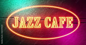 Jazz Cafe sign shows entrance to musical bar entertainment. Neon signage for live band and pub - 4k