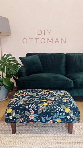How to make a DIY Ottoman - upcycling an old sofa cushion into a footstool. Fabric from @sistermintaka #diyottoman #thriftflip #upcycledfurniture #diyfootstool #upcyclingfurniture #upholstery #interiordesign