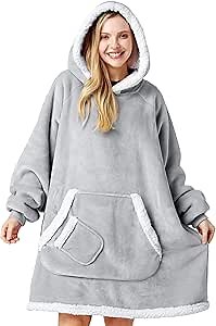 Giggling Getup Wearable Blanket Hoodie for Women and Men Gifts for Women Mom Wife Sherpa Fleece Hooded Blanket Sweatshirt Warm Cozy Sherpa Wearable Throw with Pocket & Sleeves for Adult Standard Gray