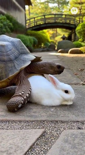 Fluffy Rabbit Naps Next to Giant Tortoise! 🐢🐰 #cuteanimals #shorts