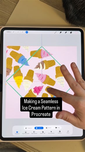 Sarah Haley | Wander & Wit on Instagram: "All this cold and snow got me wishing for summer! (And we’re t-minus 13 days till our Punta Cana vacation!) I loved drawing these ice cream cones and really loved making a pattern with them! What you don’t see is the time behind the scenes getting them lined up where I want them! Cheers to Ice cream! 🍦🍨 #procreateillustration #surfacespatterns #icecream Ice cream doodle, ice cream drawing, procreate, iPad Pro, ice cream drawing on iPad Pro with Procrea