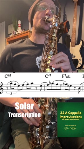 In an effort to change the finger patterns I am falling into I thought it would be cool to play an improvised solo I played on ‘Blue Bossa’. This one comes from ’22 Accappela Improvisations’ over Standard Chord Progressions, written out and transposed for all instruments 👀 #jazzband #sax #trumpet #guitar #bass #drums #piano #trombone