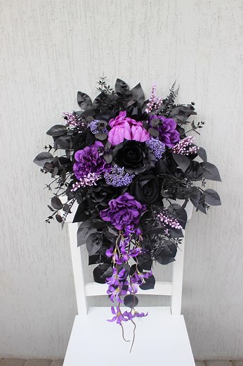 Purple Black Wedding Bouquet, Cascading Bridal Bouquet, Dark Bouquet, Gothic Wedding Decor, Silk Flower Bouquet - Etsy