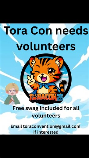 We are looking for volunteers for our upcoming Tora Con this April 18th at the Opelika Public Library! Jobs included are Managing the free play Beyblades Hosting panels Work the sign ups/questions table Judges for cosplay contest Clean up at the end of the con. All volunteers will get free Tora Con swag in the form of a custom badge designed exclusively for our volunteers If you're interested or have any questions, email us at toraconvention@gmail.com #volunteer #toracon #comiccon #volunteering 