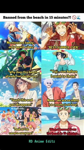Banned from the beach in 15 minutes?! 🚫🌊 #anime #animeedit #jjk #gojo #yuji #megumi #nobara #memes