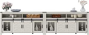 WAMPAT Set of 2 Farmhouse Buffet Cabinets, Rustic Sideboard with Sliding Barn Doors, 118" Coffee Bar Storage Cabinet with Mesh Doors, Cupboard Table for Kitchen, Dining Room，Antique White
