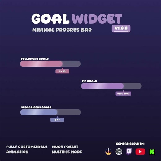 Minimal Goal Widget for Twitch & YouTube | Progress Bar Overlay | OBS | Soft Purple UI (v1.0.0)