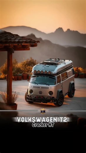 Volkswagen | T2 | “Cracker” – AI digital design sun-baked desert classic reimagined: crackle-finish ivory body on lifted suspension with chunky a/ts, black steel bumpers and full bull bar up front. roof-mounted pop-top with integrated solar panel and six round rally LEDs, side rack rear ladder feeding a swing-out spare carrier. inside, warm oak cabinetry with matte-black sink hob, slim fridge, bench seating with contrast piping and fold-out table; cockpit upgraded with modern cluster and nav scr