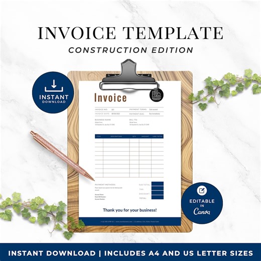 Builder Invoice Template, Printable Construction Invoice for Contractors and Construction Companies, Editable Canva Template - Etsy