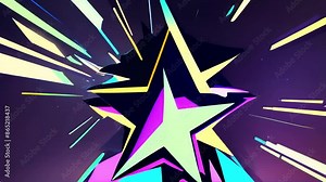 celebration retro graffiti style background with an abstract pulsating vibrant star in center with rays neon colors. looped seamless animation. ai.