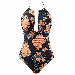 [Hot Item] Women One Piece Belly Pleated Print Drawstring Hang Neck Swimsuit Swimwear