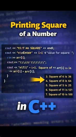 Using Array 😱🙀 to get 10 value for print square#cpp#c++#programming#codinglife#moderncpp#programmer