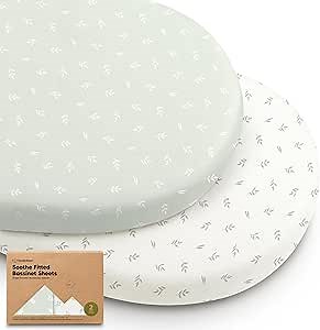 2-Pack Organic Bassinet Sheets for Girls, Boys - 100% Cotton Bassinet Mattress Sheets Compatible with Halo Bassinest Swivel Sleeper, Graco, Baby Delight, Chicco, Unisex Fitted Bassinet Sheets (Herb)