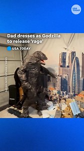 A Godzilla fan's birthday gift was a "rage room," made to relieve stress by destroying a city made of cardboard and Legos, dressed as the radioactive monster. | The Gainesville Sun