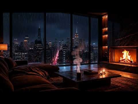 Smooth Jazz On A Rainy NYC Skyline 🌃 Gentle Rain & Fire Sounds For Deep Sleep & Relaxation (3 Hours)