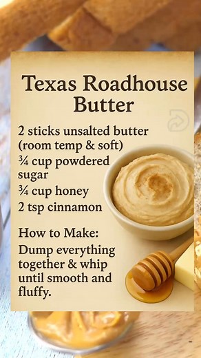 1.2M views · 6K reactions | 稜✨ Copycat Texas Roadhouse Butter 杻✨Sweet, creamy & cinnamon-kissed… only 4 ingredients! Butter + powdered sugar + honey + cinnamon → whip till fluffy!Spread on rolls, toast, or pancakes 丹 Save this one — it’s dangerously addictive!#TexasRoadhouse #CopycatRecipe #ReelRecipe #ButterLovers #EasyHomemade | Budget Family Recipes | Facebook