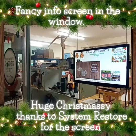EXACTLY what we wanted! Huge thanks to local business System Restore UK in the Wynd ( https://sr-uk.com/ - if your computer or laptop is giving you trouble, Pierre will sort you out 👍) for the donation of this fabulous display screen. Running on volunteers and donations means we're not open all day everyday, and passersby regularly see the things in the window and think, 'Aaah - charity shop, got it'. Which makes sense. Libraries of Things are still a relatively new concept in the UK. Shedders 