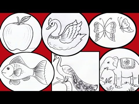How to draw Apple Duck Butterfly Fish Peacock Elephant for beginners | Pencil drawing