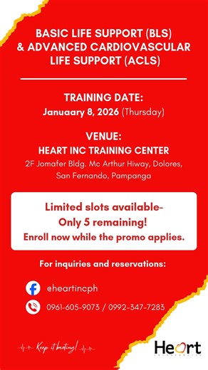 🚑 Train. Learn. Save Lives. 🚑 Be ready for 2026 with the latest 2025 AHA Guidelines! Join our BLS & ACLS Training and get certified by expert instructors at Heart Inc. Training Center ❤️ 📅 January 8, 2026 ⏰ Limited slots available — ONLY 5 SLOTS LEFT! ⚡ Learn the updated life-saving techniques ⚡ Same-day certification ⚡ Trusted AHA-aligned training 🔔 Hurry! Registration is now open while promo applies. Secure your slot today and start the year fully prepared to save lives! 📩 Message us now 