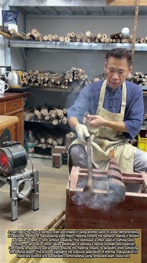 Man Shaping Bamboo by Heating Its Tip for Durable Craftsmanship
