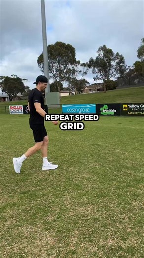 Jack Grimes - Building AFL Players on Instagram: "Scaled distances below 👇🏼 Most running sessions like this fail because the distances are designed for a group and not individualised to you. Too short and it’s too easy. Too long and it becomes a low quality grind. You know you’ve nailed it when you’re barely making the cone each rep, coming to a full stop, and just hanging on by the fourth lap. That’s when this session has the maximum benefit. That’s also when it’s most enjoyable. Grid dimensi