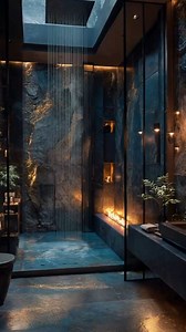 Luxury Dark Spa Bathroom with Rainfall Shower 🖤💧 This sleek, modern bathroom is the ultimate zen escape—featuring a ceiling-mounted rainfall shower, deep soaking tub, glowing accent lighting, and spa-style shelving for all your candlelit vibes. Moody, minimalist, and pure serenity. 🕯️🛁 #LuxuryBathroom #SpaVibes #DarkInteriors | Elegant Home Community