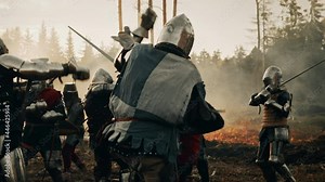 Epic Battlefield: Armies of Medieval Knights Fighting with Swords. Dark Age War, Crusade, Conquest. Action Battle of Armored Warrior Soldiers, Brutal Enemy Killing. Cinematic Historical Reenactment