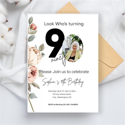 90th Birthday Invitation Template Editable Canva, Elegant Floral 90th Invite With Photo, Printable Birthday Invitation, Instant Download - Etsy