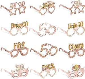 Guiruiy 24PCS 50th Birthday Paper Eyeglasses Decorations for Women, Pink Rose Gold Happy 50th Birthday Eyeglasses Party Supplies, Funny Fifty Year Old Birthday Glasses Photo Props Decor