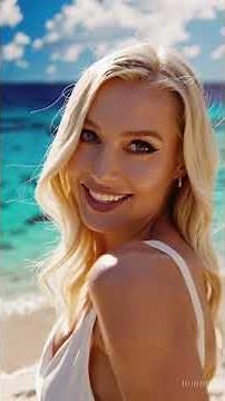 Attraktive blonde Frau am Strand