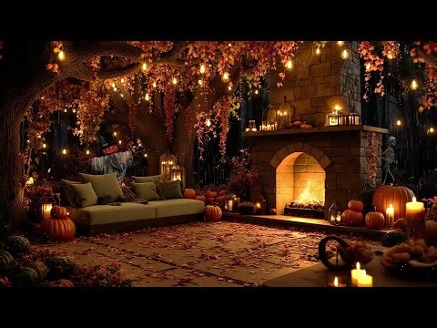 Autumn Pumpkin Porch Ambience 🍁 Rain Sounds, Jazz & Firelight for Calm Focus & Sleep