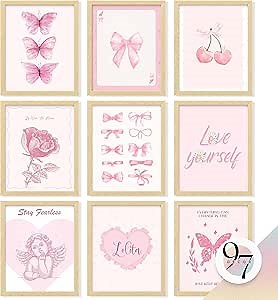 97 Decor Pink Coquette Room Decor Aesthetic - Vintage Coquette Wall Decor, Cute Coquette Posters For Girls Dorm Decorations, Girly Wall Art Prints Bow Pictures For Bedroom (8x10 Unframed)