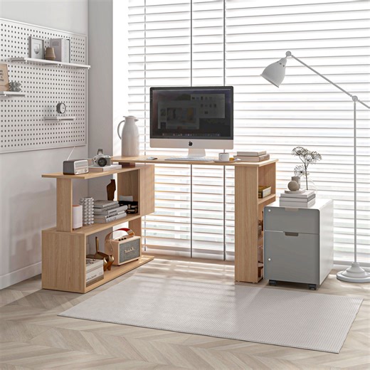 HomCom 360° Rotating Home Office Corner Desk and Storage Shelf Combo Modern L Shaped Rotating Computer Desk with Bookshelves