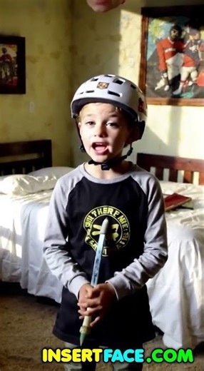 Funny Boy Wearing Bicycle Helmet Holding a Toy Sword Stands in Bedroom