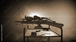 CGI scene of an alien autopsy in atmopheric smokey sepia environment, with a classic Roswell style grey alien, lying on a medical cot in focus in the background, behind a tray of medical instruments