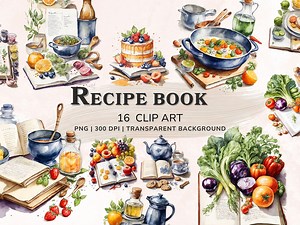 Watercolor Clipart Recipe Book, Cookbook PNG Clipart Collection, Printable Food Clipart, Baking Clipart Jpg, Scrapbook, Digital Download - Etsy