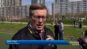 Mayor Tory talks Game 2 alongside new Raptors logo painted at downtown park