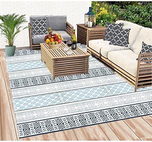 BalajeesUSA Reversible Patio Mat Outdoor Rug, Gray Waterproof Plastic Straw, Beach Theme, 9' x 12'