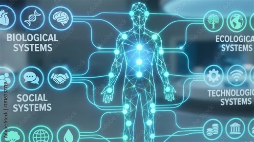 Transparent futuristic display visualizing human life systems interdependence, connecting biological, social, ecological, technological, and economic systems with a human body in a modern exhibit