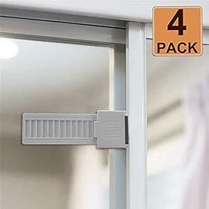 4 Packs Sliding Glass Door Window Locks Guard for Child Safety, Window Stoppers Adjustable with Strong Acrylic Adhesive, No Screws or Drills, White