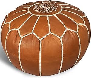 MARRAKESH STYLE Comfortable Leather Ottoman Pouf - Handmade Unstuffed Moroccan Pouf Cover - Round Pouf & Foot Rest Ottoman - Perfect for Living Rooms Bedrooms & Kids Room - Brown