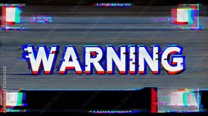 Warning text pulses in digital void. Static camera position with RGB splitting effect. Horizontal scan lines sweep across frame. Text fragments, reassembles, distorts in cyclic pattern.