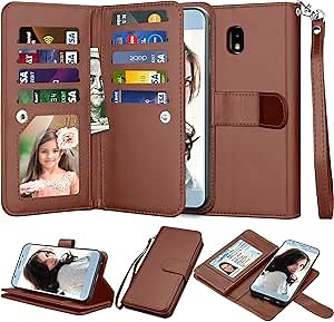 NJJEX Wallet Case for Galaxy J3 2018/Eclipse 2/J3 Orbit/J3 Achieve/Express Prim 3/Amp Prim 3/J3 Aura/Sol 3/J3 V 3rd/J3 Star, PU Leather Card Slots Holder Flip Cover Case for Samsung J3 Orbit [Brown]