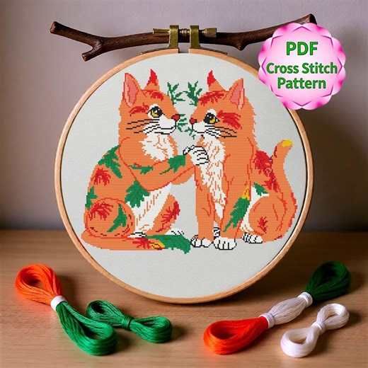 Floral Cats Cross Stitch Pattern – Decorative Cat Embroidery Design - Etsy