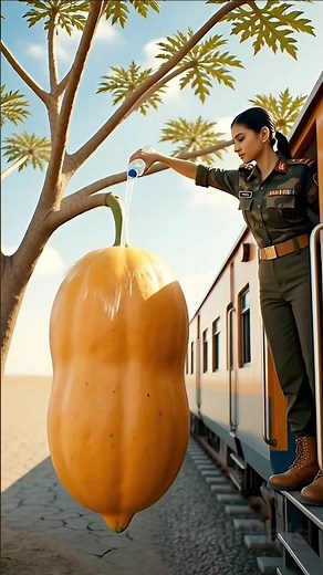 In the desert, the army girl saved the drying papaya by pouring water | #ai #plants #water #save