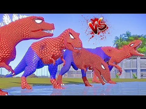 Spider-Man T-Rex, I-Rex, Spinosaurus, Giganotosaurus, Indoraptor Dinosaurs Fighting